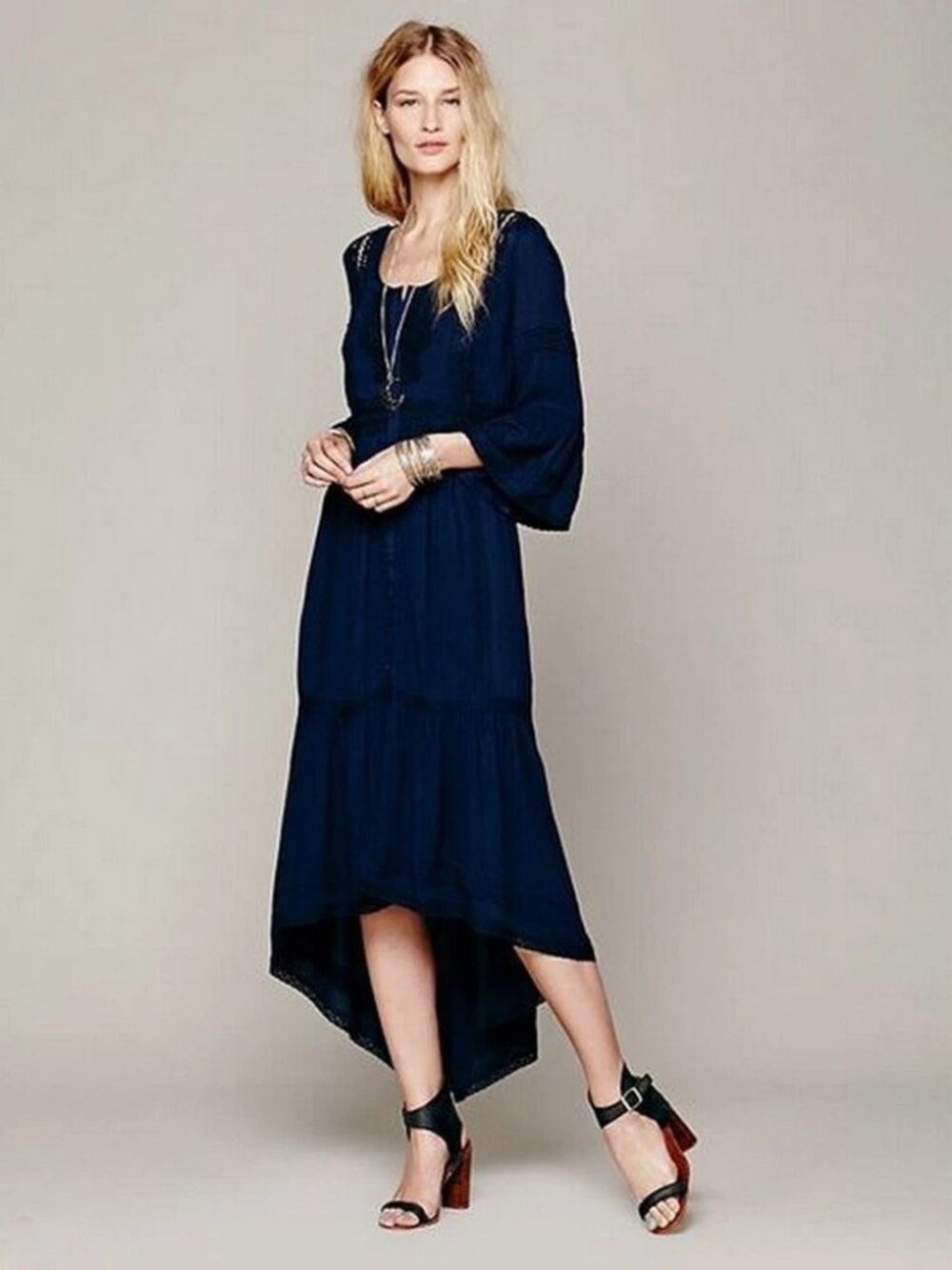 Free People Estelle Maxi Dress Hi-Low Navy Blue Size 12